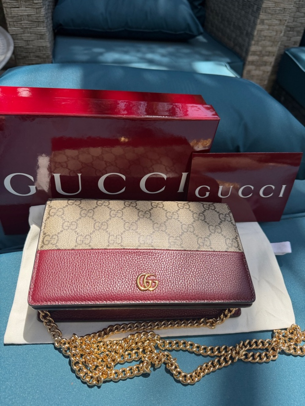 Gucci Beige GG Canvas and Burgundy Leather Crossbody Wallet